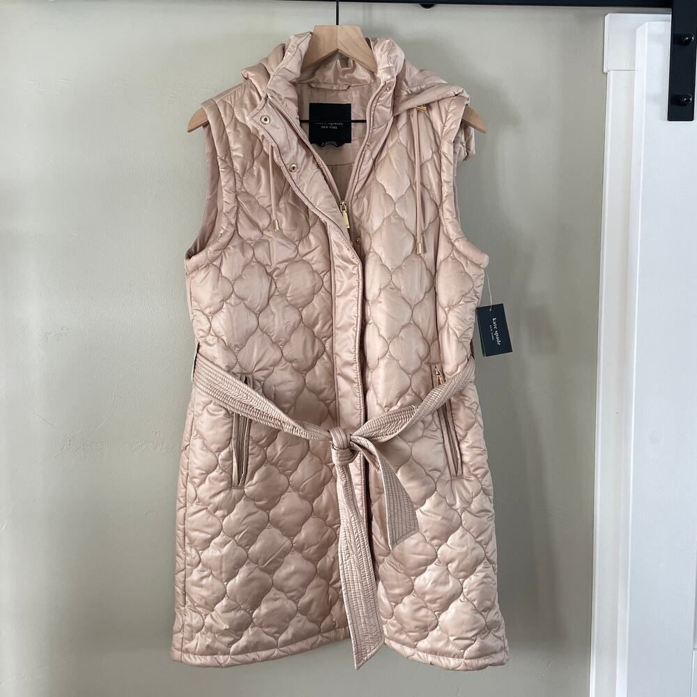 NWT Kate Spade Quilted Long Vest Hooded Soft Clay - Size: Medium